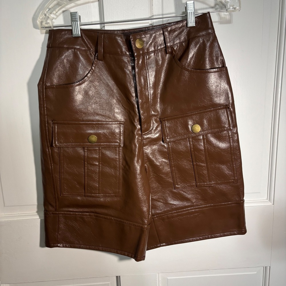 SHEIN Espresso Vegan Leather Cargo Shorts High Waisted Utility Bermuda edgy glam